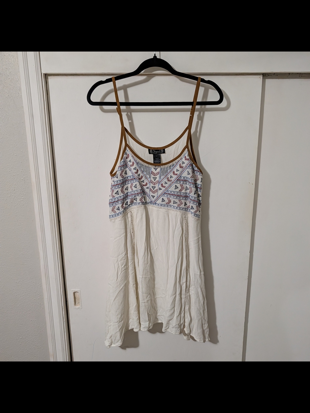 Shyanne Cream Mini Dress with Tan Straps and Embroidered Bodice